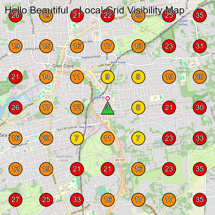 Hello Beautiful GeoGrid visibility map for Centro De Esta(C)Tica in Glen Cove